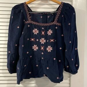 Madewell embroidered button back corduroy peplum top